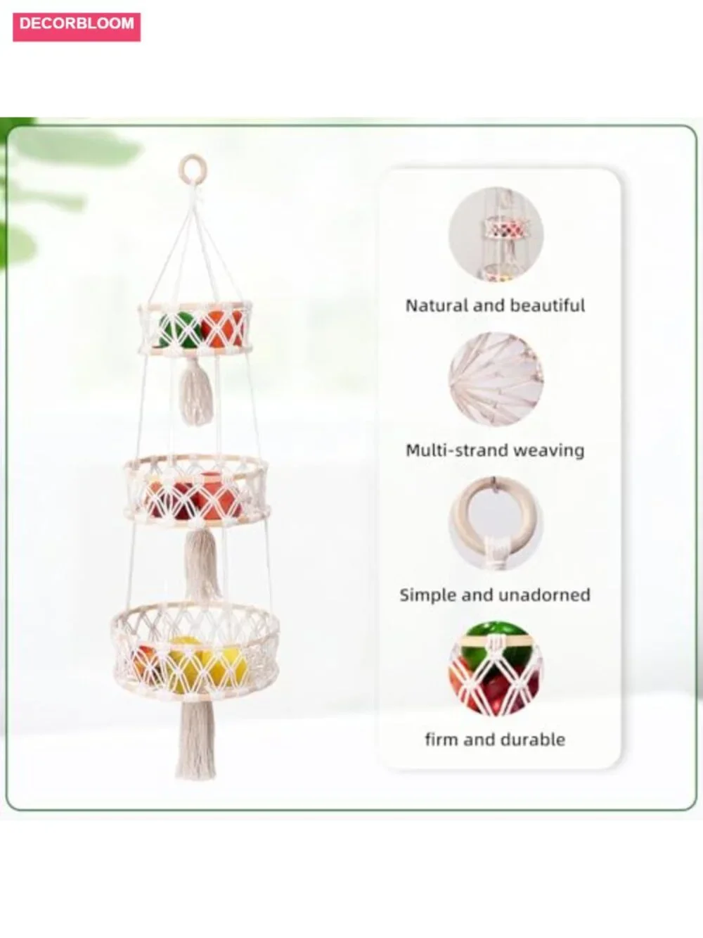 3-Tier Macrame Hanging Basket - Cotton Rope Fruit & Vegetable Storage Kitchen